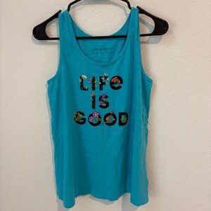 Life Is Good Teal Floral Graphic Tank Top, Size Medium